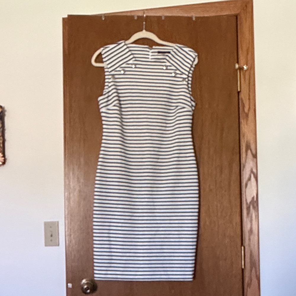 Tommy Hilfiger White and Navy Striped Midi Sheath Dress